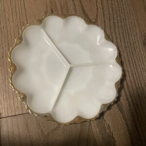 Vintage Anchor Hocking Gold Edge White Milk Glass Three Section Relish Plate